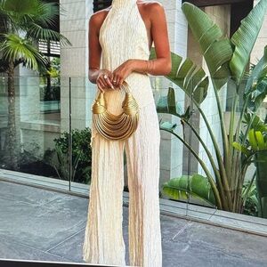 Commense Pleated Wide-Leg Pants & Crop asymmetrical halter Set - Cream nwt